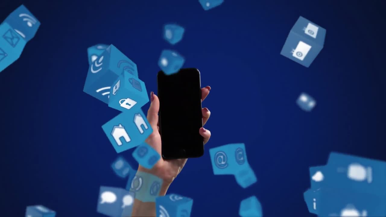 smartphone en la mano con iconos de desove