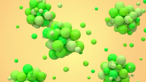 las bolas verdes se reúnen con fondo amarillo, renderización 3d.
