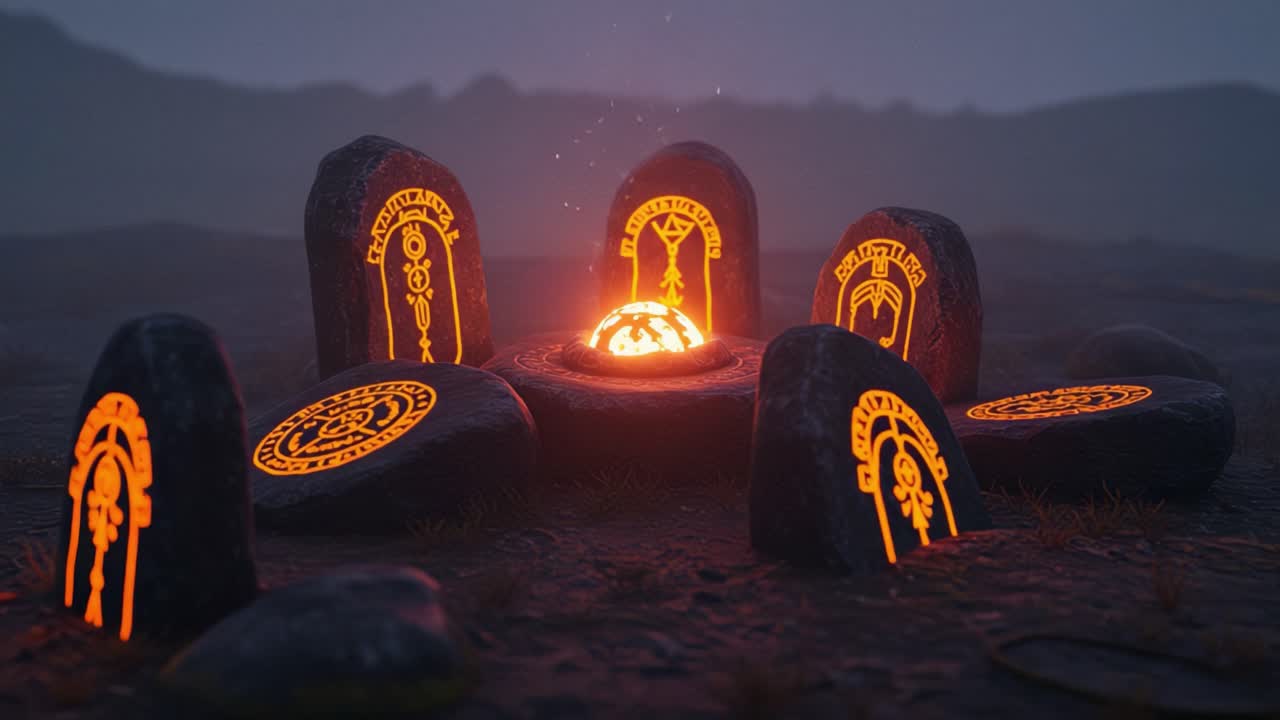 Mystical Stone Circle with Glowing Symbols and Central Flame Illuminating the Surroundings in a Foggy Landscape