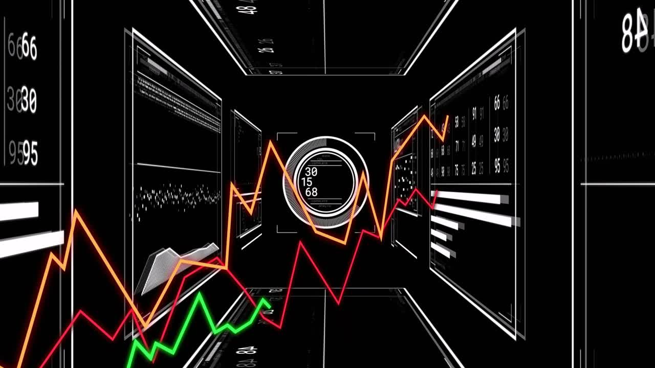 Opening dark corridor activating node, tricolor lines emerging, converging to display live data
