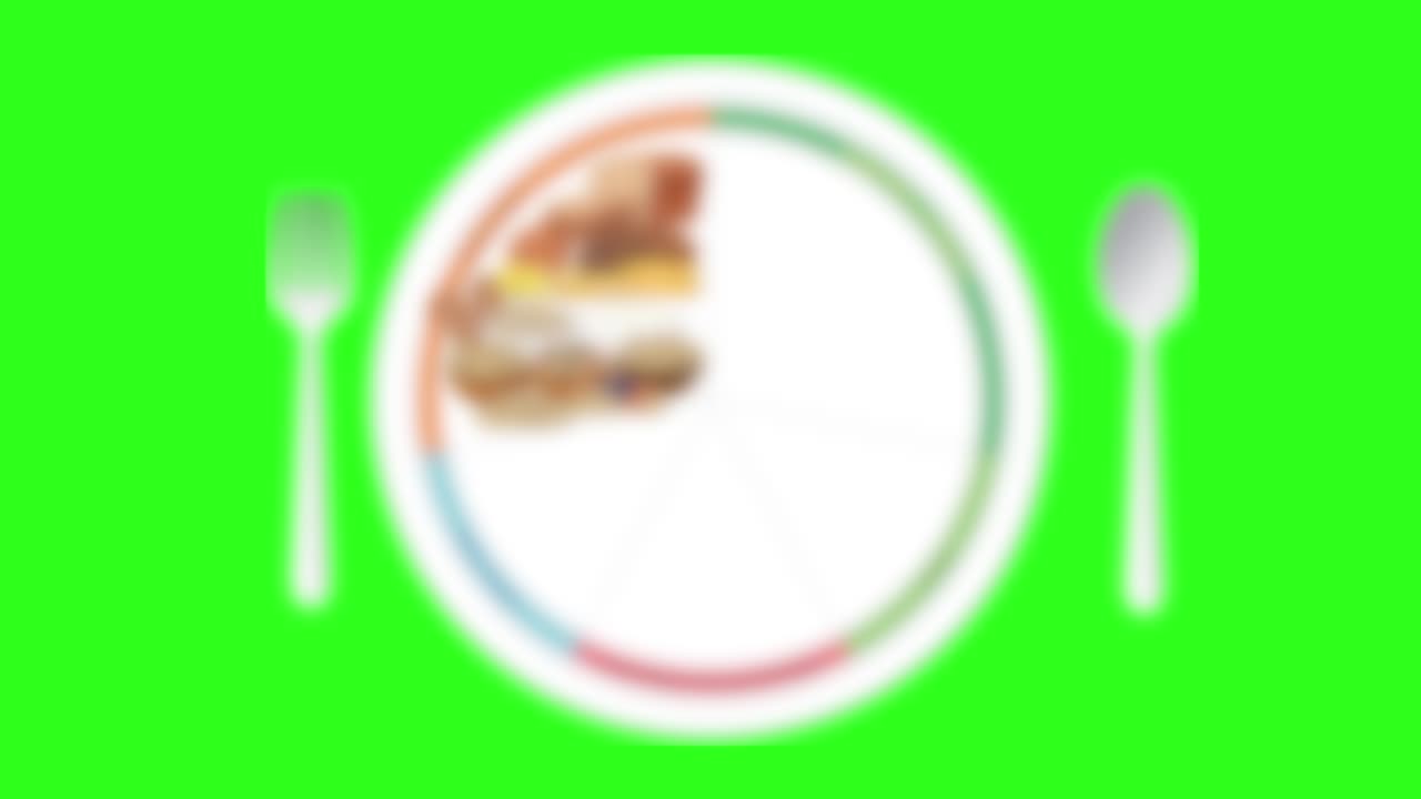 Colorful animation cycles through major food groups, illustrating balanced plate portions with grains, vegetables, fruits, proteins, and dairy on a vivid green backdrop