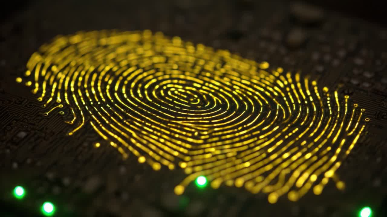Exploring the Intricate Design of a Yellow-Illuminated Fingerprint on Circuit Board, Symbolizing Advanced Technology and Identity Verification Processes