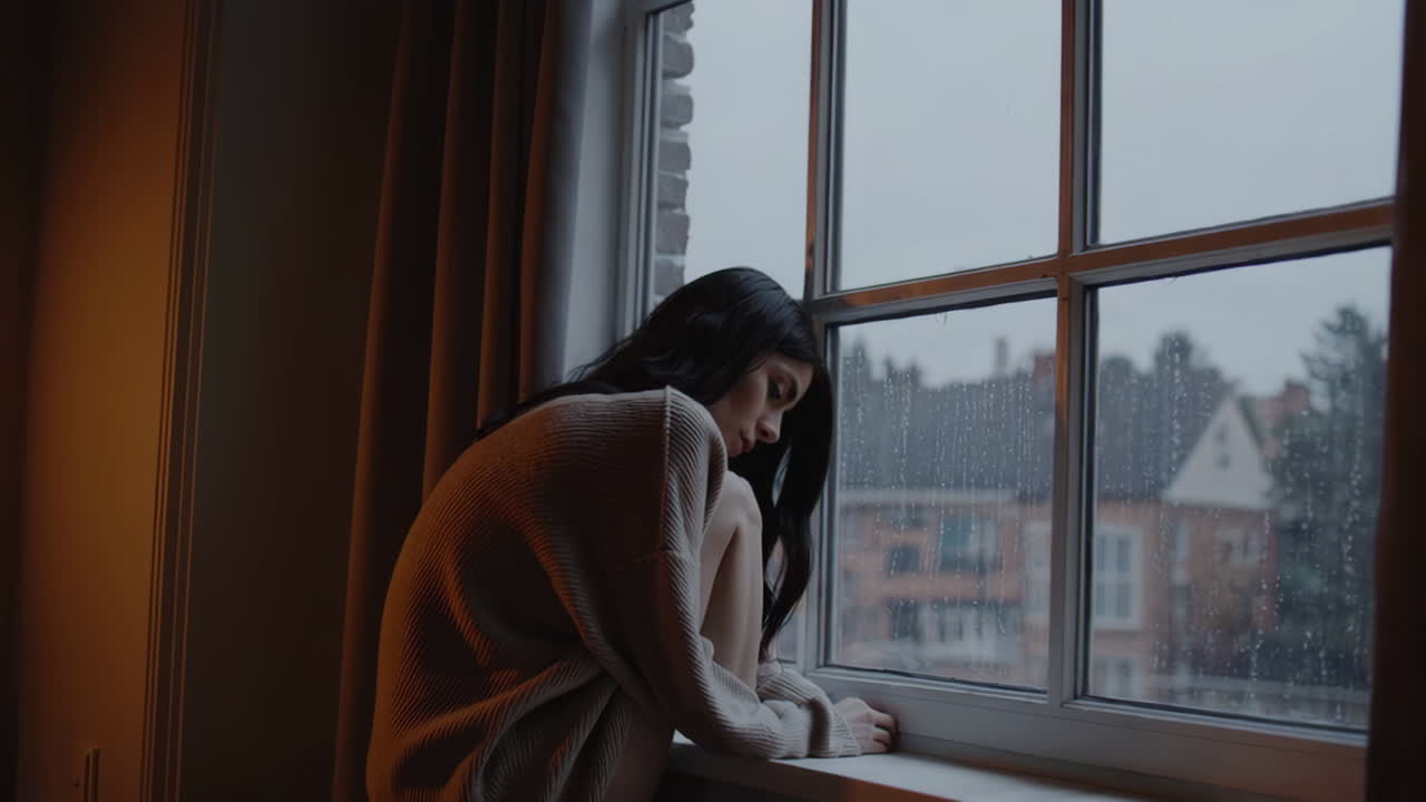 Woman sitting by the window on a rainy day