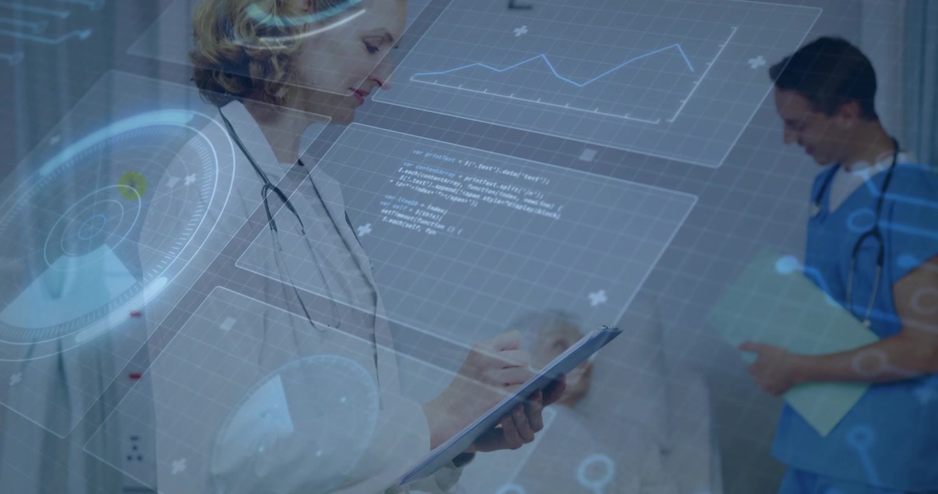 Doctor tapping tablet reviewing patient data while holographic health charts updating beside bed