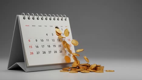 time and wealth: a visual representation of calendar days coinciding with financial growth through the use of currency flowing from a monthly planner