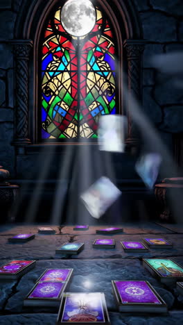 fantasy room with stained glass and falling cards