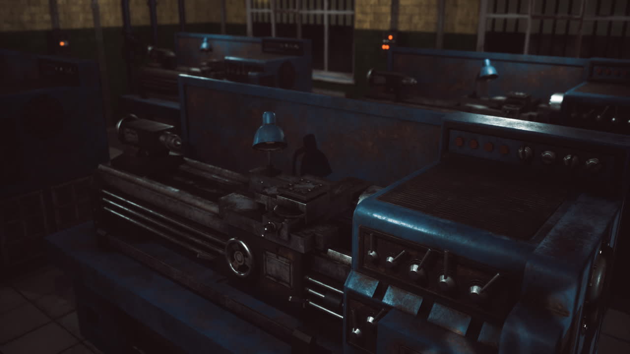 Industrial workshop with machinery illuminated by soft blue lights