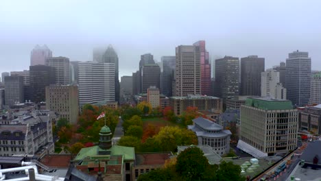 aerial shot of montreal's downtown skyline, over looking mcgill university