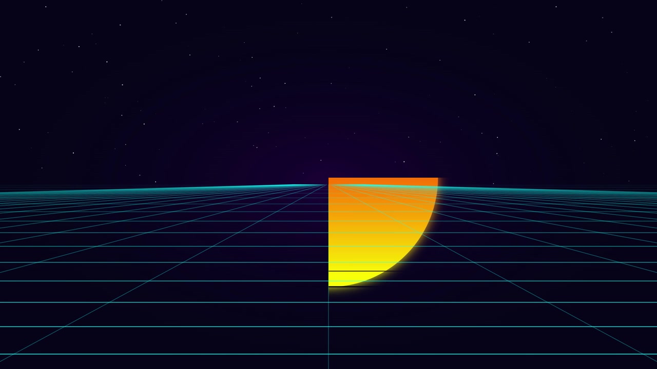 Retro Synthwave Style Grid Landscape with Glowing Half Sun