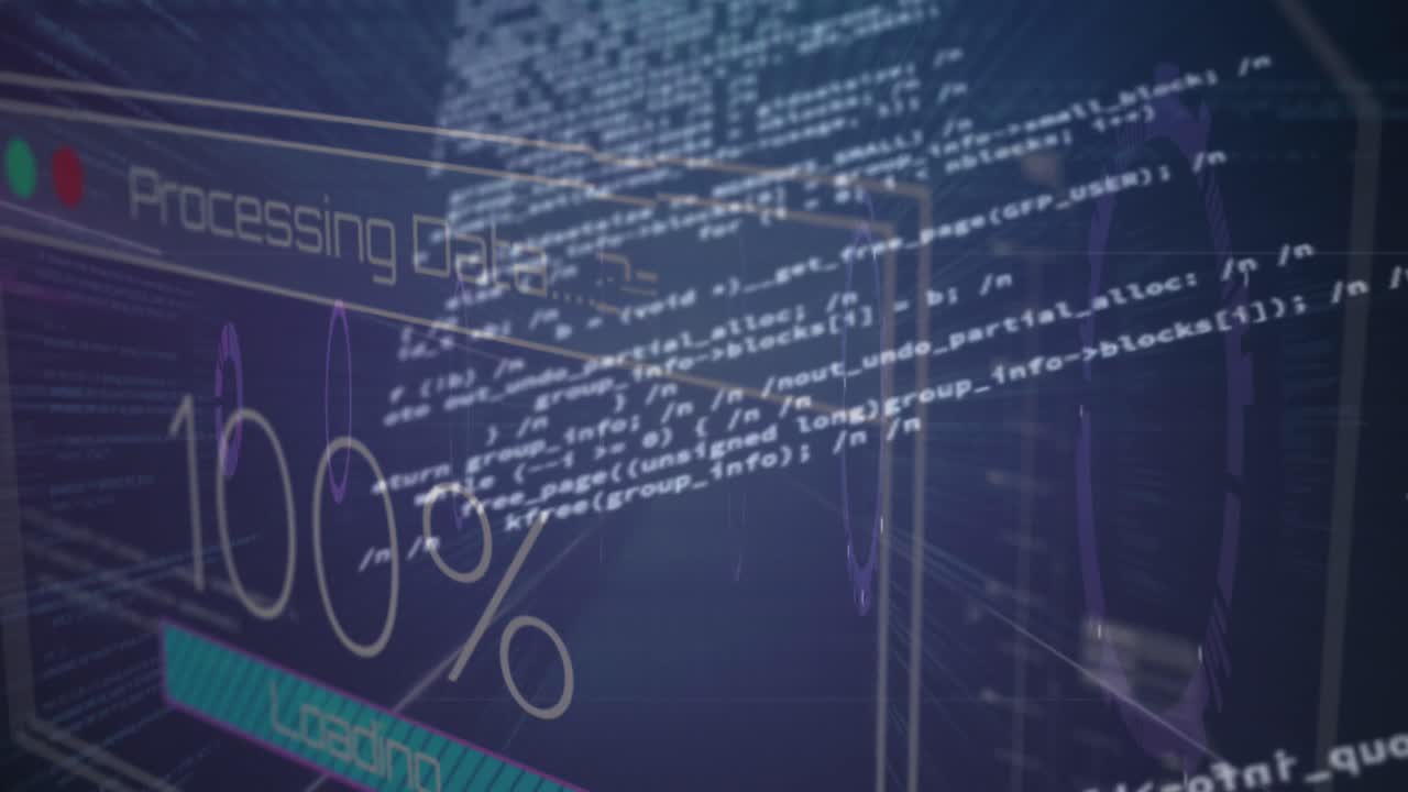 animación de números cambiantes, textos y barras de carga a través del lenguaje informático contra círculos.