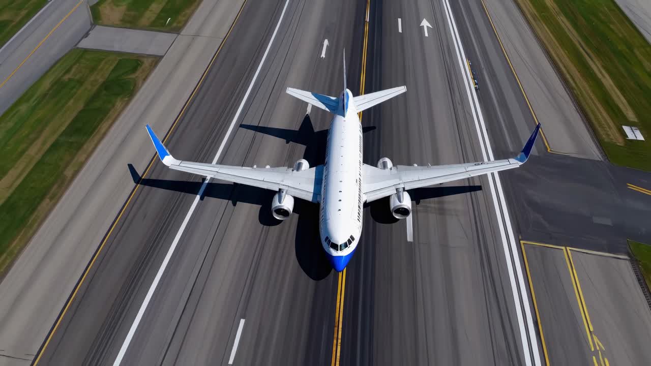 The video captures an airplane taking off from a runway, showcasing a dynamic and thrilling