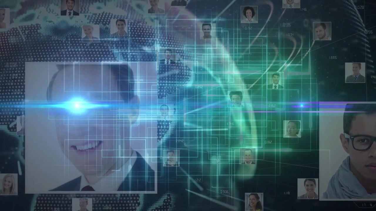 On world map materializing grid emerging beam sweeping highlighting portraits verifying profiles