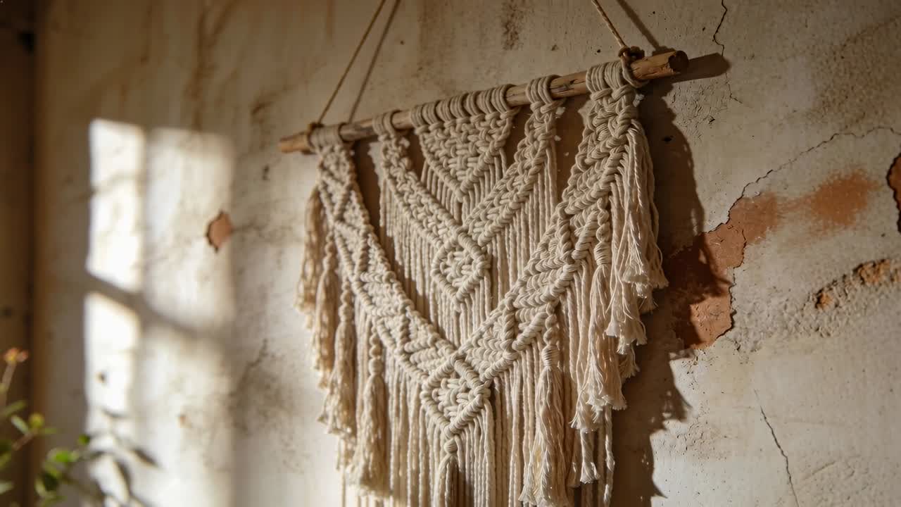 Cámara retrocediendo, revelando macramé, sombra de ventana, planta y yeso de terracota para decoración del hogar