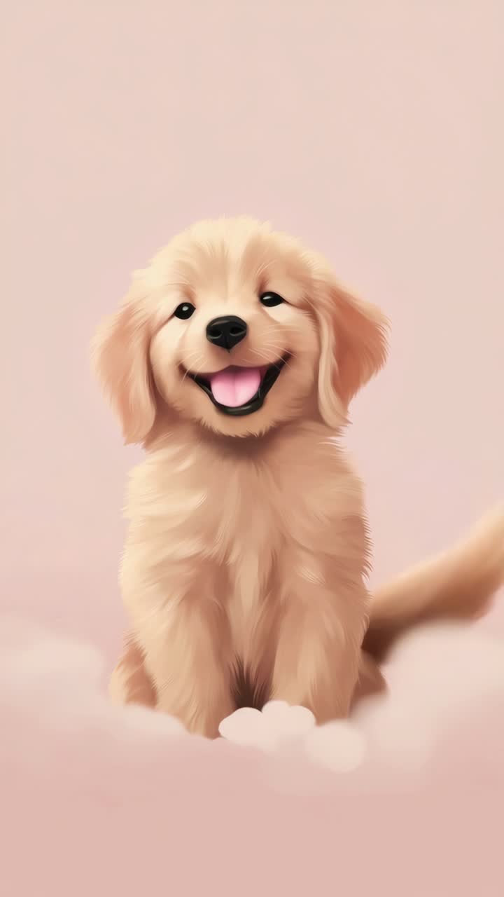 A cute golden retriever puppy sits on a cloud-like surface, captured from a low angle
