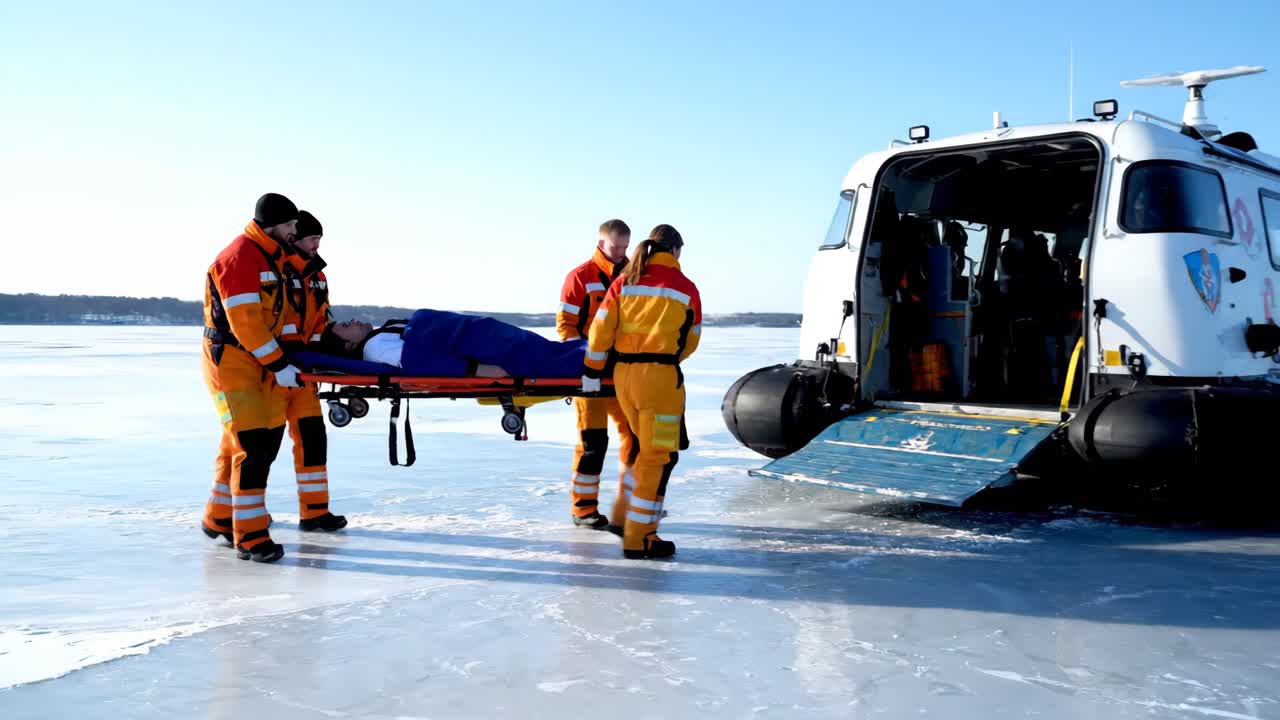Rescue operation on frozen lake with hovercraft and paramedics