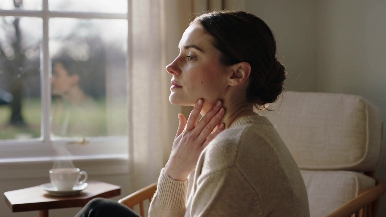 Seeing blurred figure outside woman in sweater at home touching neck gazing at window with cup