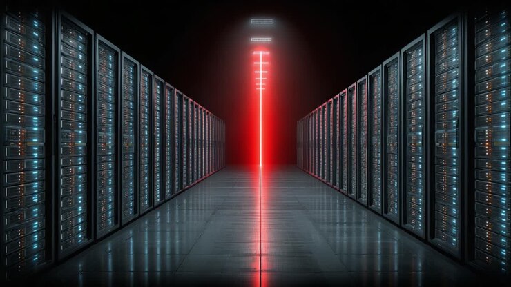 A Visual Representation of a Data Center Corridor Illuminated by Red Light, Showcasing Rows of Server Racks on Either Side with a Futuristic Ambiance