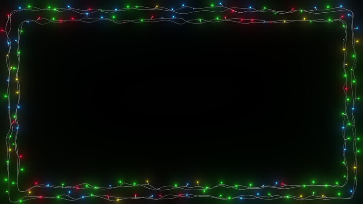 Rectangular frame made of colorful glowing Christmas lights on a black background. Ideal for festive banners, holiday invitations, greeting cards, event promos, and party-themed designs