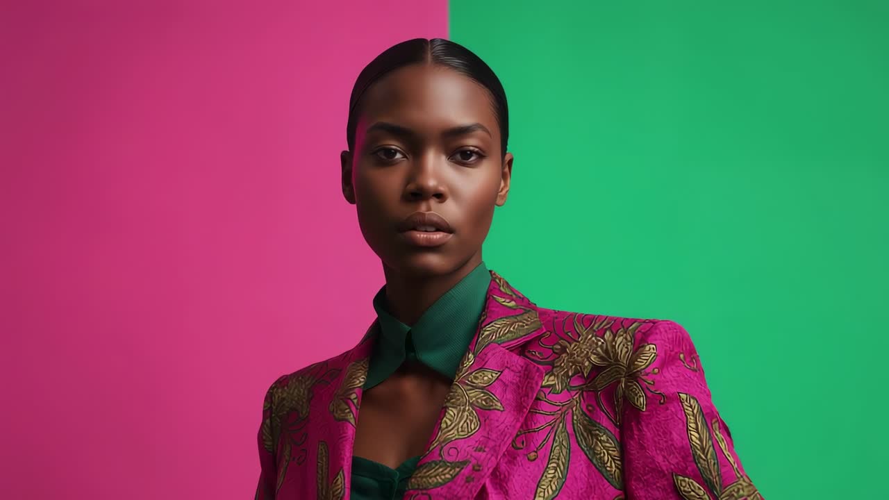 Camera zooming on model posing at studio two-tone backdrop highlighting pink blazer and green shirt