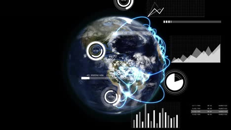 Animation-of-interface-with-charts-processing-data-over-globe-with-glowing-blue-network-in-space