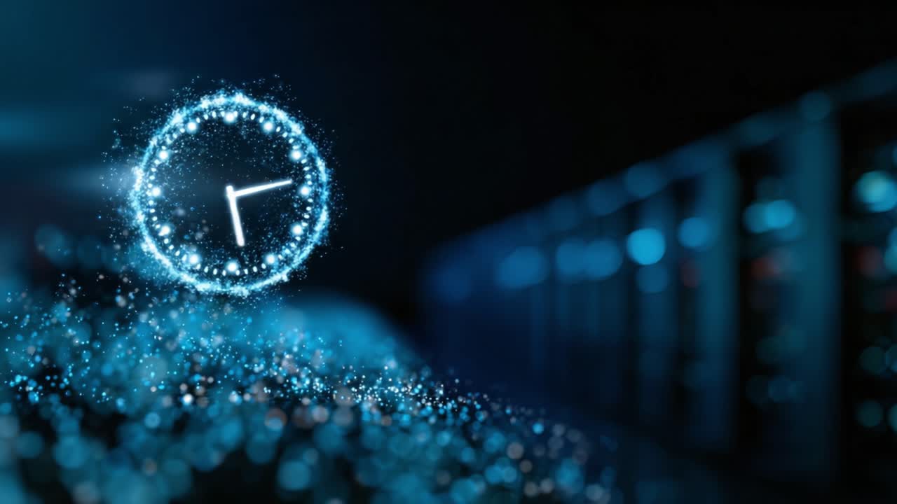 Una visualizzazione affascinante ed eterea del tempo, rappresentata da un orologio luminoso circondato da particelle scintillanti, su uno sfondo tecnologico sfocato