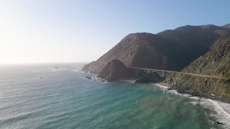 Bixby-Creek-Bridge-In-Big-Sur,-California,-Aerial-View,-Pacific-Ocean