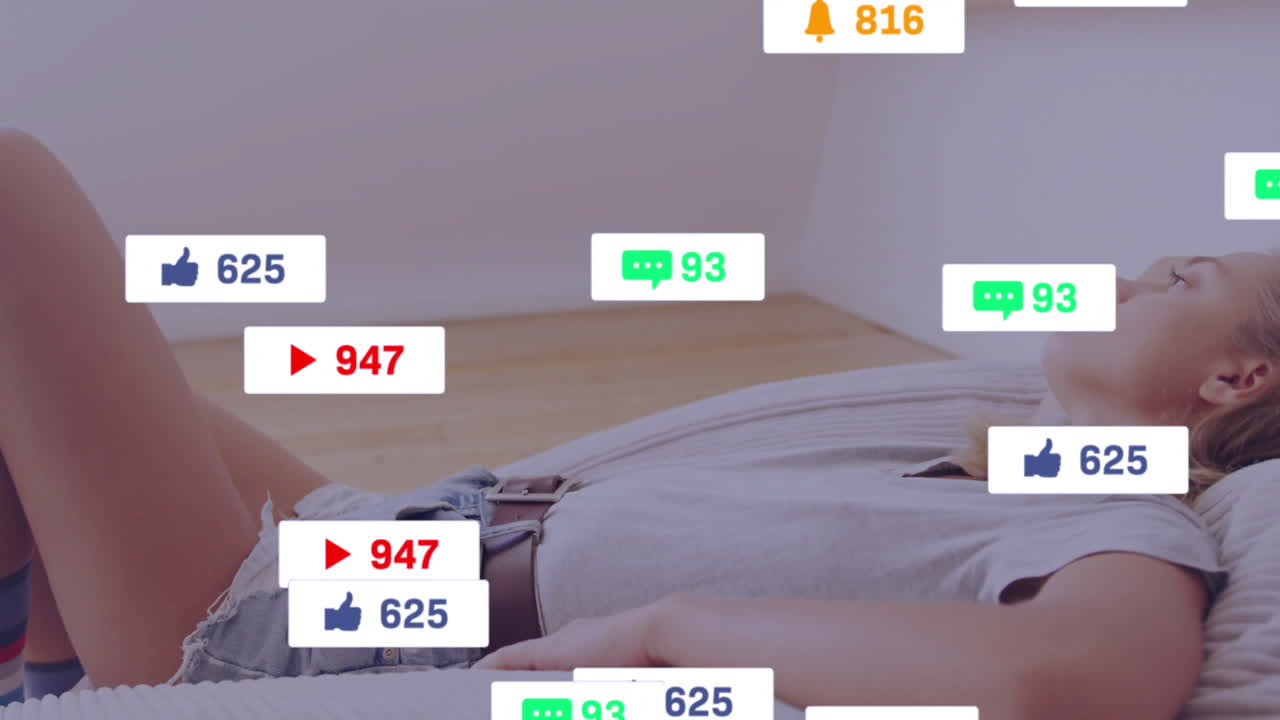 Relaxing on bed, person receiving social media notifications on smartphone