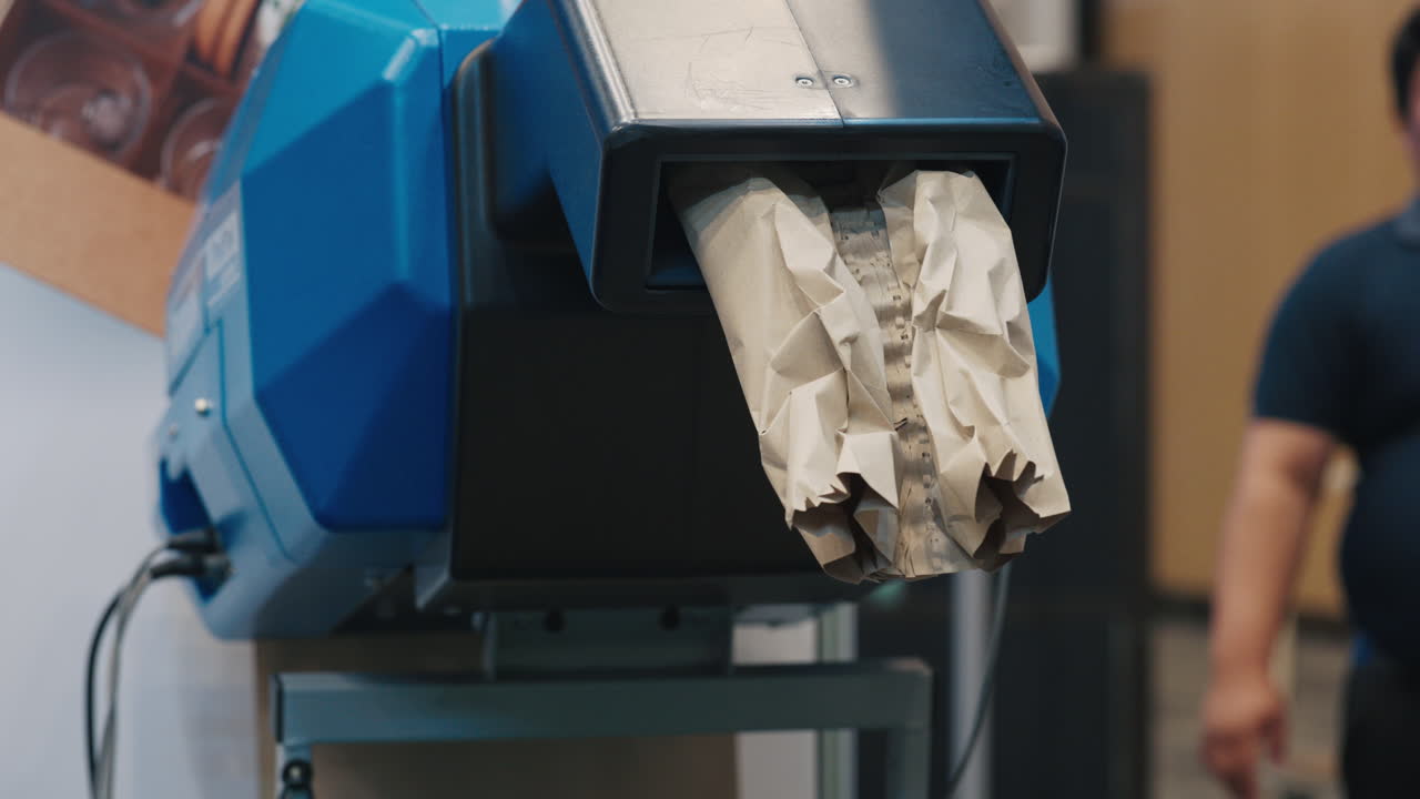 Industrial Machine Dispensing Crumpled Brown Paper for Eco-Friendly Packaging