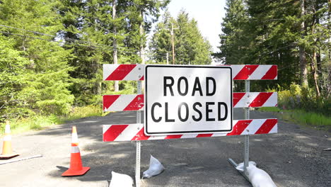 road closed sign on a residential street lines with trees. roadsign blocking through traffic.