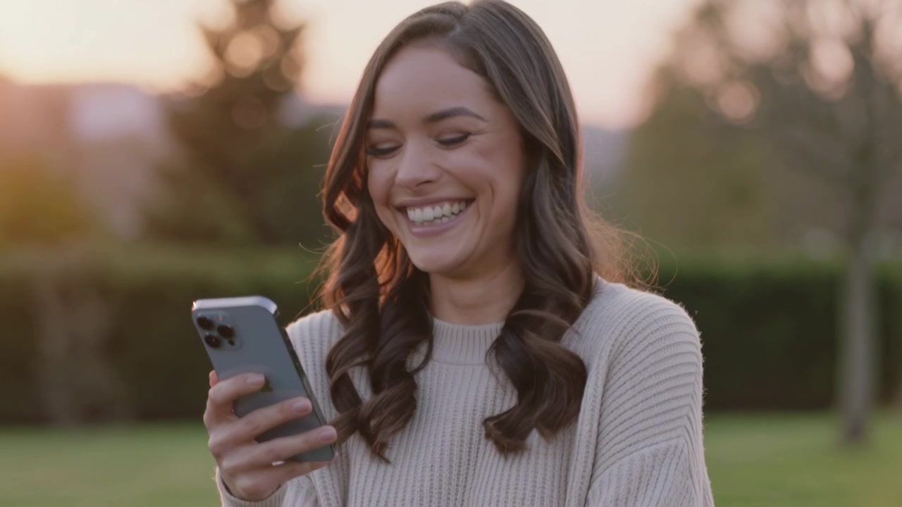 Leggendo un messaggio, donna che sorride e ride mentre tiene il telefono sull'erba al tramonto, con un maglione a coste.