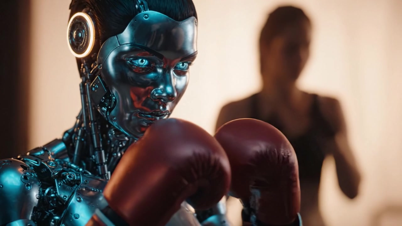 Futuristic boxing practice scene featuring a highly advanced robotic fighter, showcasing its detailed metallic design and intense focus in a training environment.