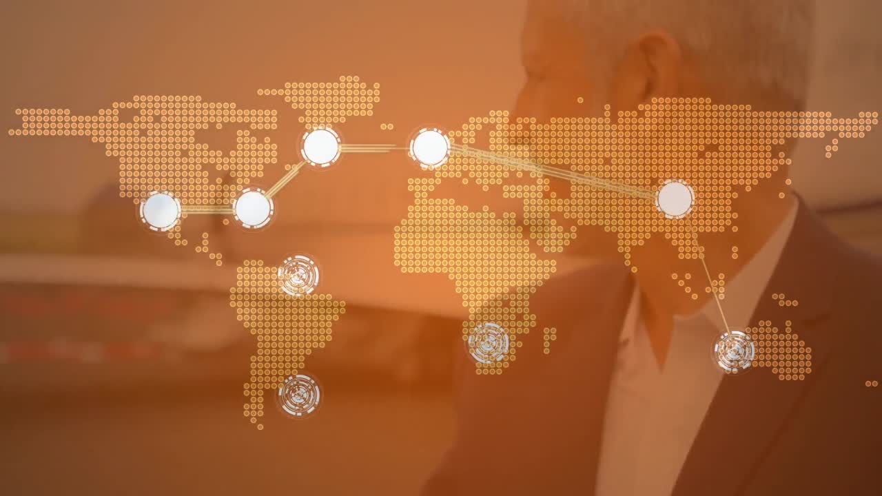 공항에서 카우카스 사업가에 대한 연결 네트워크와 세계 지도의 애니메이션