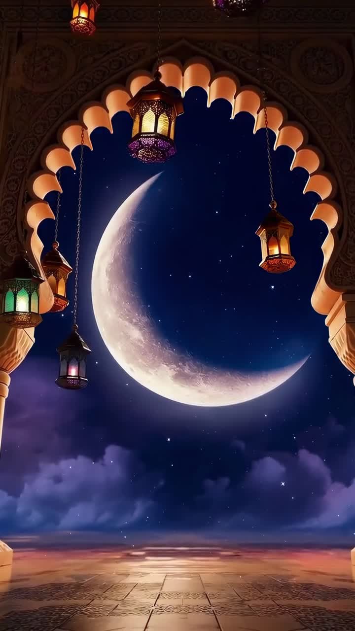 Un arco mistico incornicia una luna crescente e lanterne. Scena video onirica con angolazione bassa. Mobile.