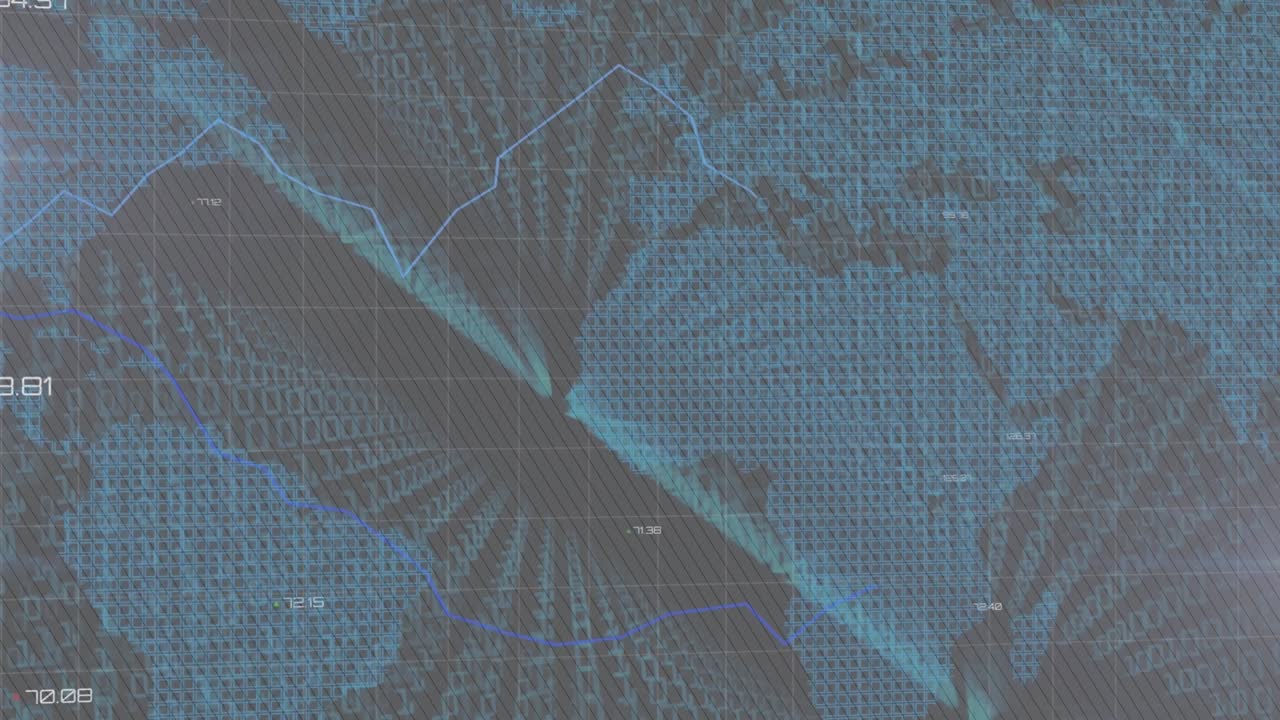 Animation of binary coding data processing over colorful shapes on blue background