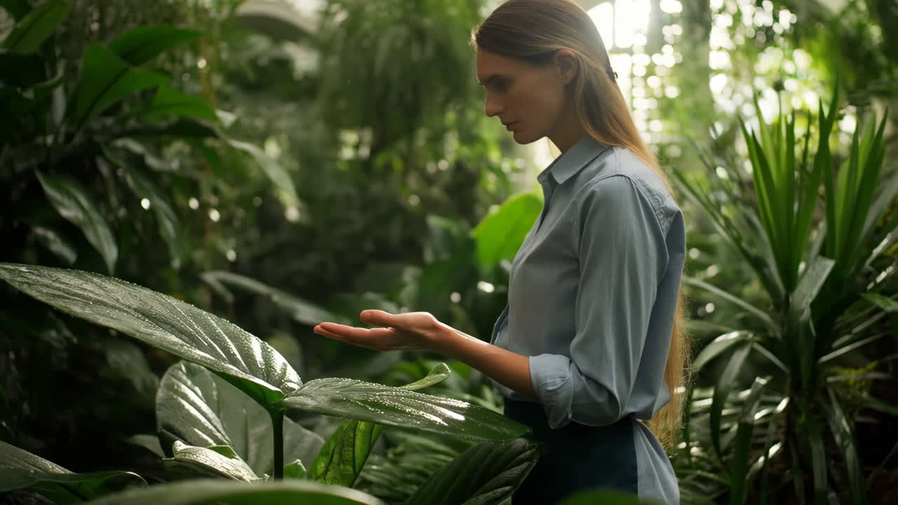 Woman admiring plants in a lush greenhouse