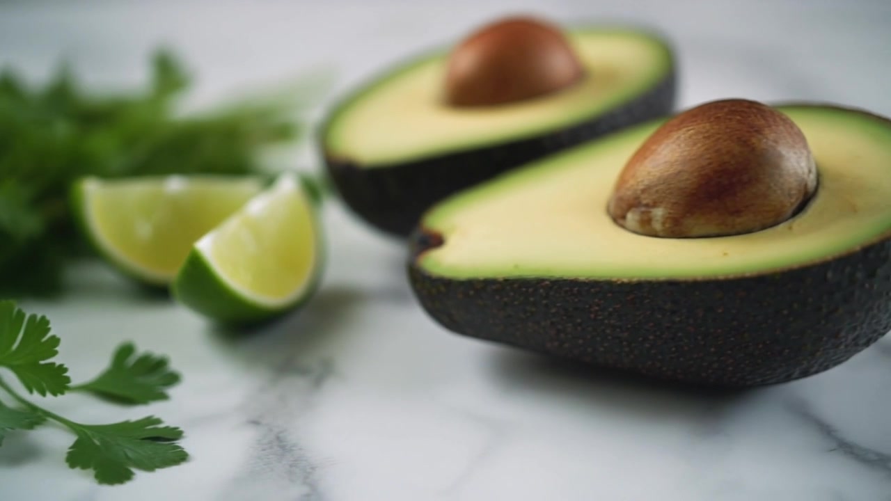 Friske avokadohalvdeler og limebåter med koriander på marmoroverflate
