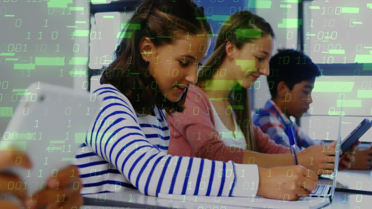 After smartphone lift students studying with devices for learning while binary overlay drifting