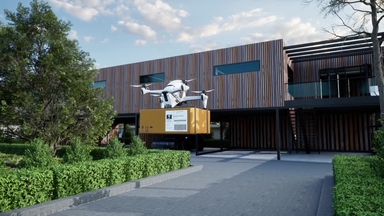 el concepto de transporte aéreo de negocios por avión no tripulado, robot de transporte autónomo