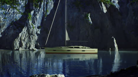 sailing boat anchored in tranquil waters surrounded by rocky cliffs