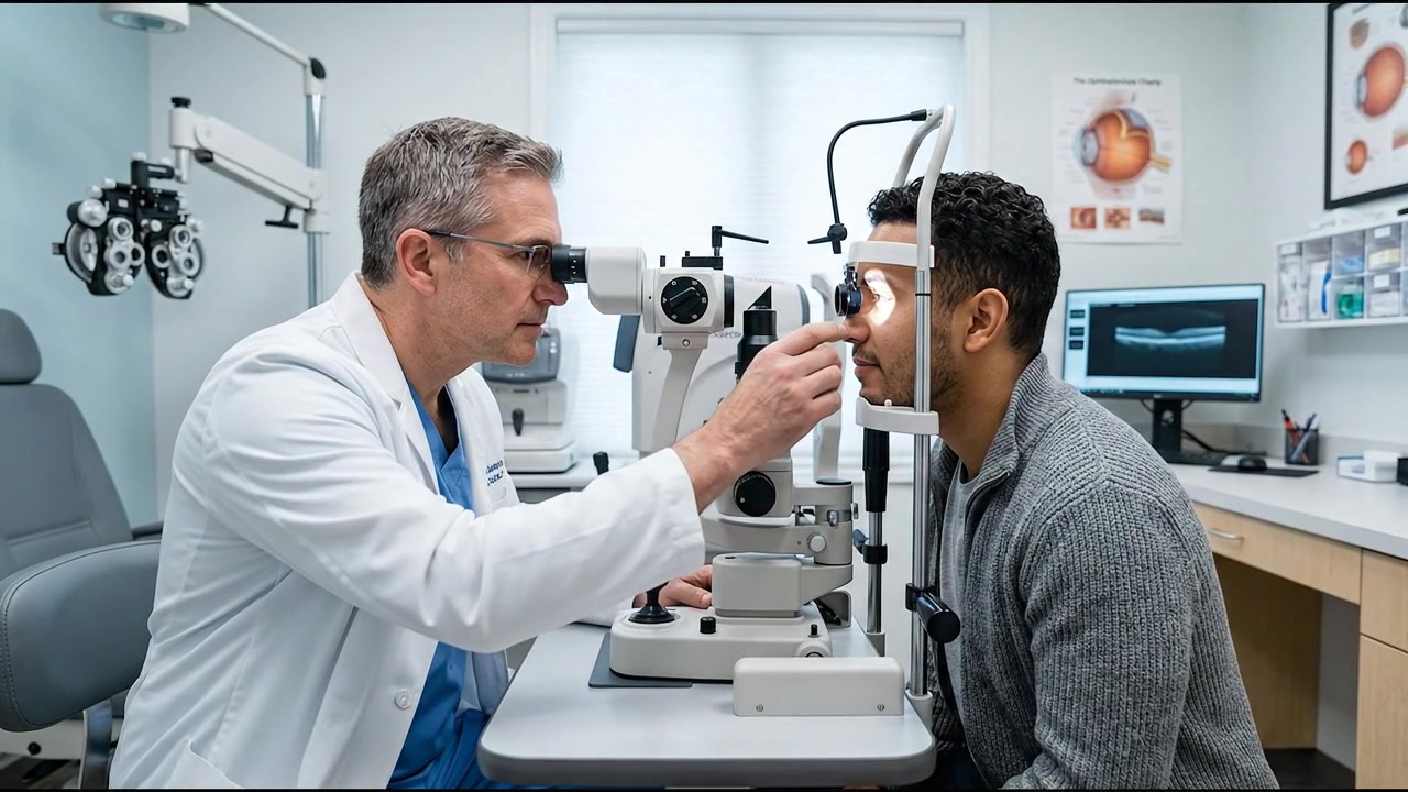 Professionisti medici che conducono educazione alla cura degli occhi e all'anatomia in una clinica all'interno di un ambiente sanitario moderno e pulito