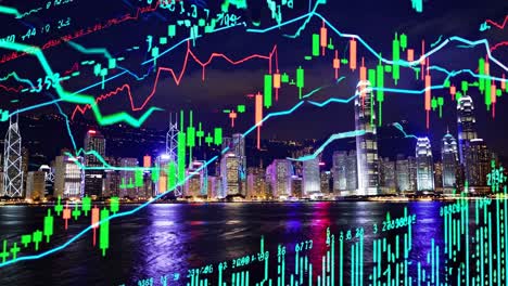 hong kong night skyline with stock market charts