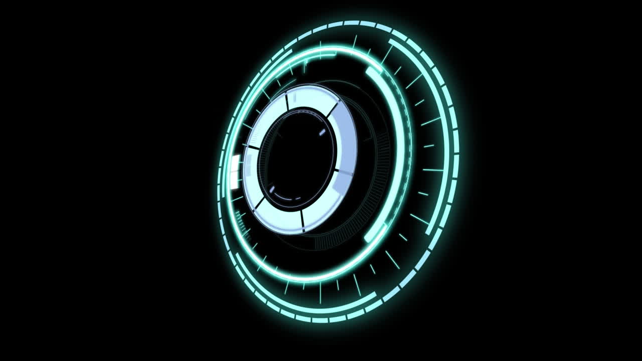 Animation of abstract shapes over neon round scanner against black background