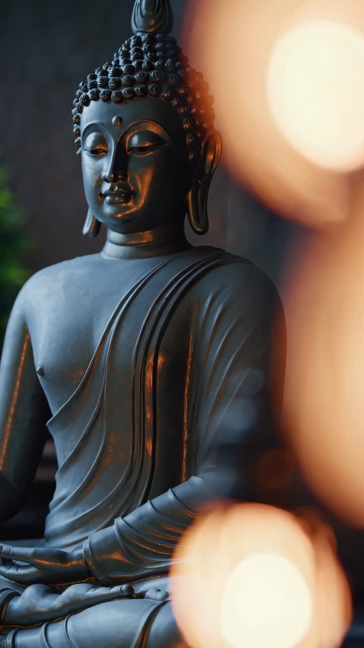 A serene Buddha statue captured in soft focus with warm lighting