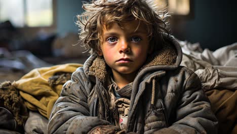 child with unkempt hair sitting on a pile of clothes in a dim room