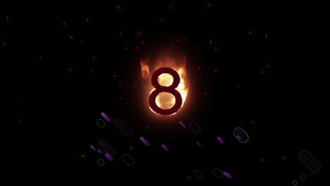 animation of orange flaming number 8, with purple fireworks, on black background