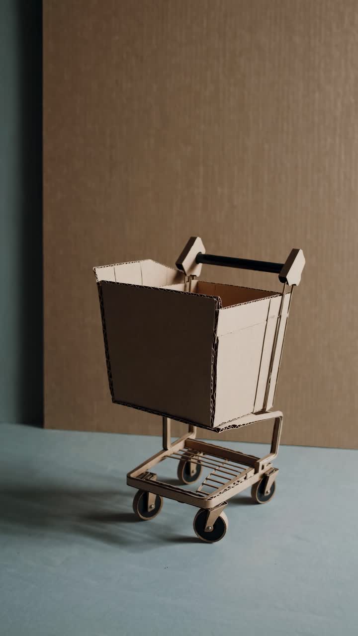 Small shopping cart made of cardboard resting on a light blue surface, set against a textured brown backdrop, representing eco-friendly shopping habits and sustainable consumerism