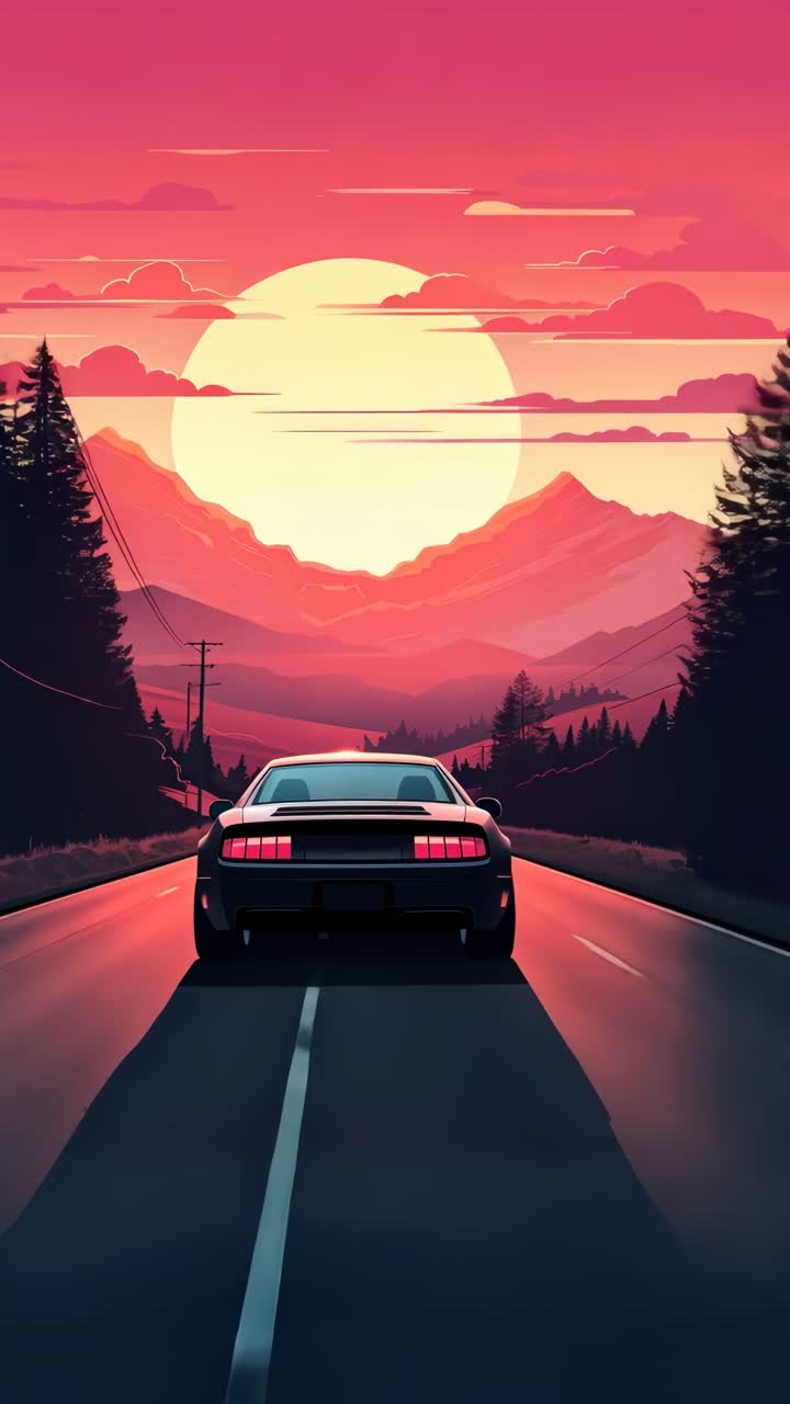 A retro-styled video concept with a low-angle view of a car driving towards a vibrant sunset, framed