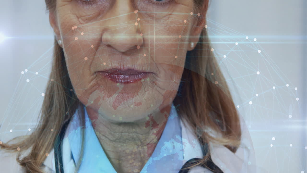 A scuola, animazione di un medico con stetoscopio e sovrapposizione di visualizzazione dati