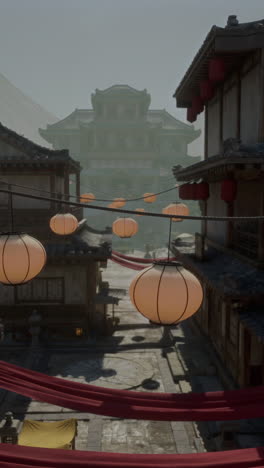 a foggy street in an ancient chinese city