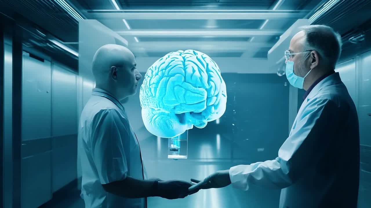 두 명의 의사들이 고급 디지털 장비와 미래의 분위기를 가진 첨단 기술 실험실에서 홀로그램 뇌 투영을 논의하고 조사하고 있습니다.